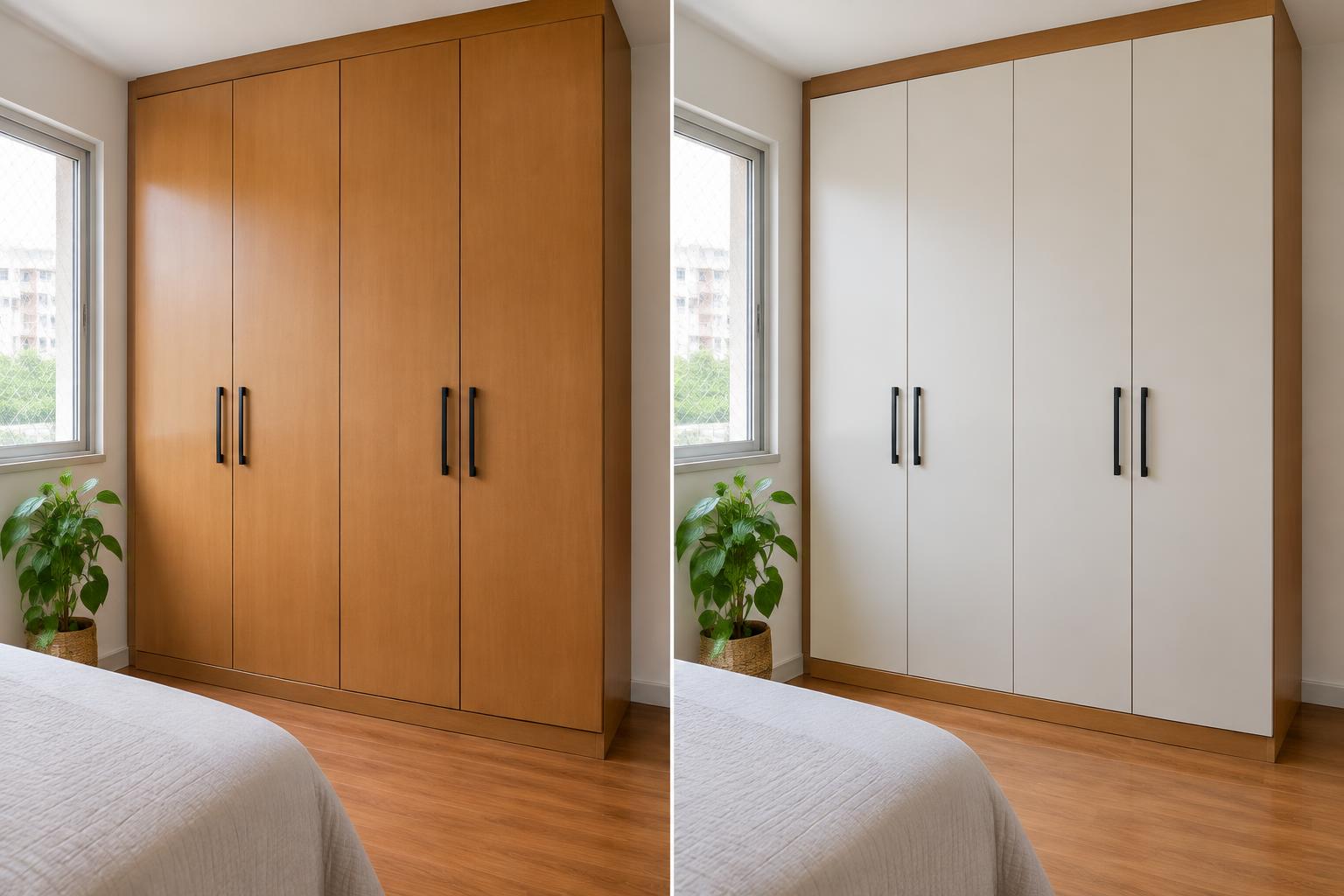Simulação antes e depois de envelopamento: Guarda-roupa · Branco fosco